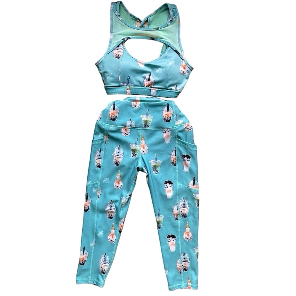 Boba Tea Keyhole Sports Bra & High Waisted Scrunch Capri Leggings Activewear Set